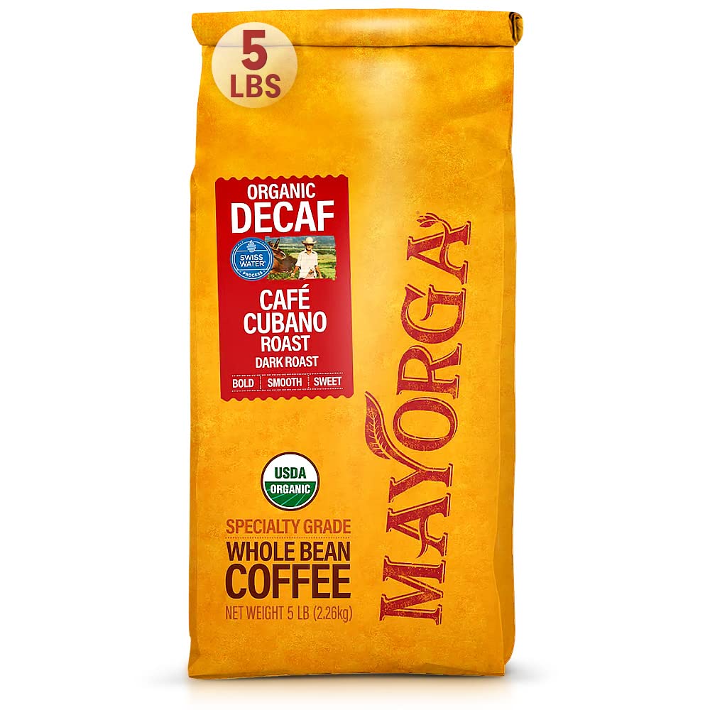 Mayorga Decaf Dark Roast Coffee 5Lb Bag Caf   Swiss Water Decaffeinated Cubano Roast Coffee 100% Arabica Whole Coffee Beans - Sm