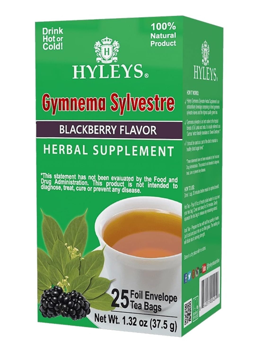 Hyleys Gymnema Sylvestre with Green Tea - Blackberry Flavor - 25 Tea Bags (6 Pack - 150 Tea Bags Total)