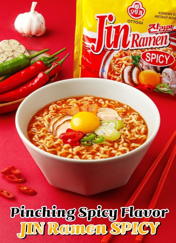 OTTOGI Jin Ramen Spicy, Korean Style Instant Noodle, Best Tasting Soup Traditional Instant Ramen 4.23oz x 8 Pack