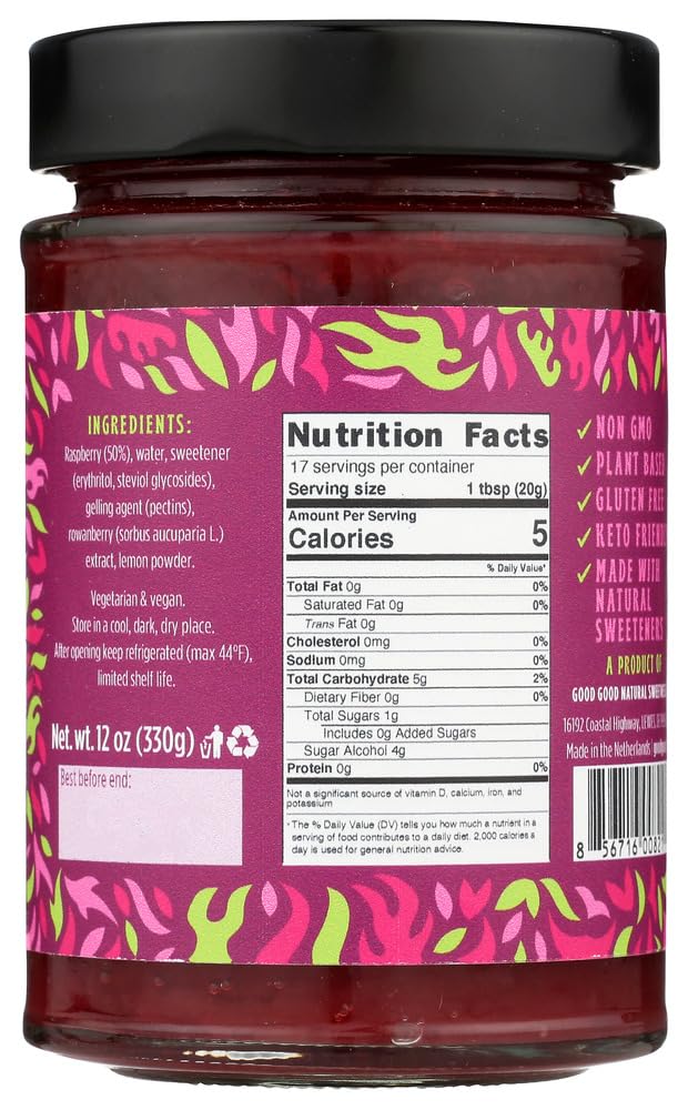 Good Good Sweet Raspberry Jam, Real Berries, No Added Sugar, Keto Friendly, Gluten Free, Vegetarian Friendly, 12 Ounce (Pack of