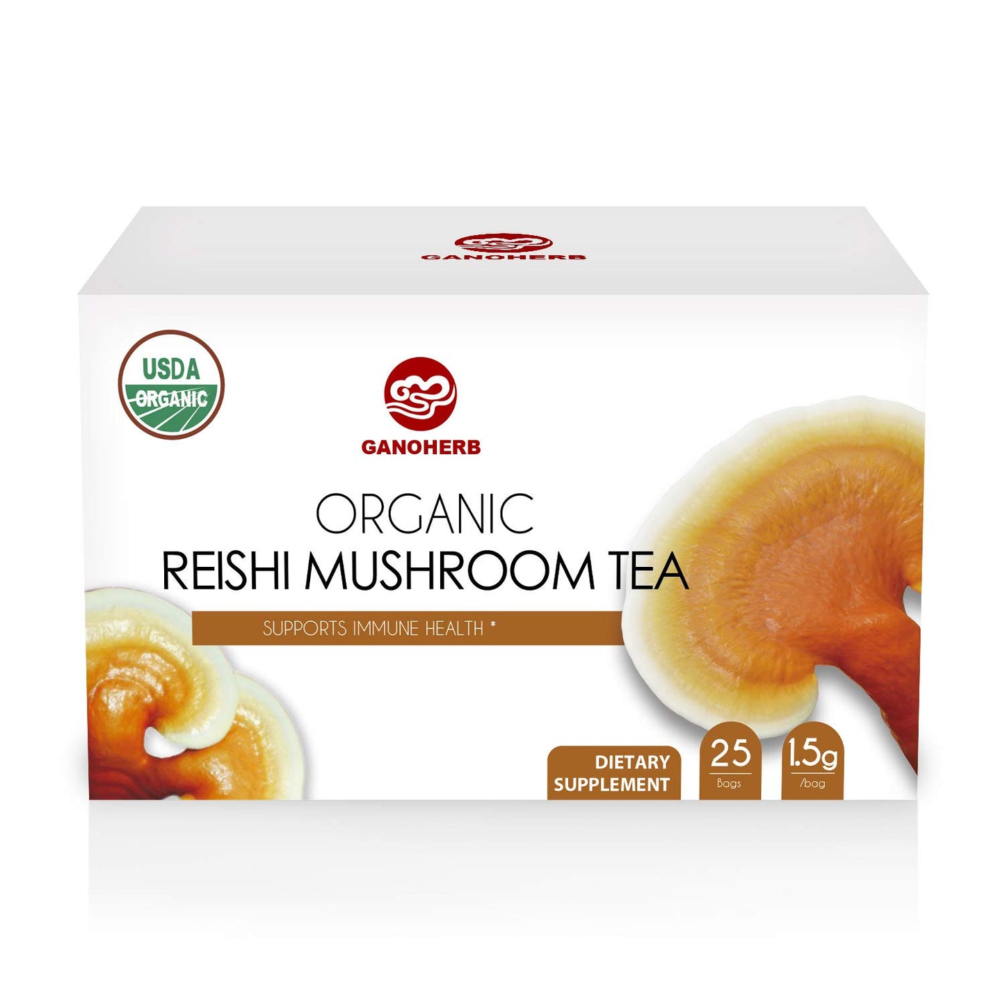 GANOHERB Reishi Mushroom Tea, Caffeine-Free, 25 Count, Adaptogen Ganoderma Lucidum for Immune Health, Stress Relief