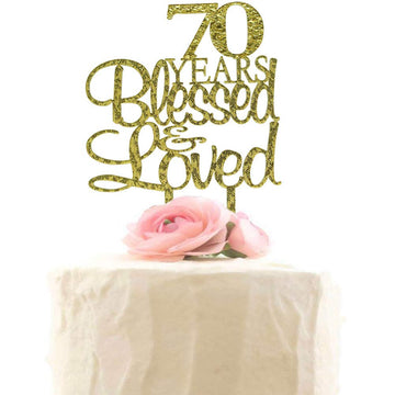 70 Years Blessed & Loved Cake Topper, 70Th Birthday Wedding Anniversary Party Decorations (Gold Glitter)