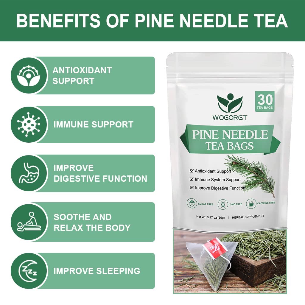 WOGORGT Organic Dried Pine Needle Tea Bags - Caffeine Free Herbal Tea for Immune Support, 30 Count, 30 Teabags