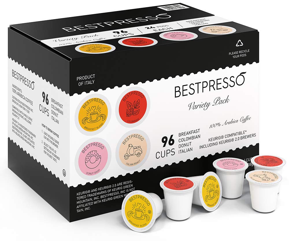 Bestpresso Coffee, Variety Pack Single Serve K-Cup Pods, 96 Count. Includes Breakfast, Colombian, Donut and Italian (Compatible With 2.0 Keurig malt-inspired) 8 Packs Of 12 Cups