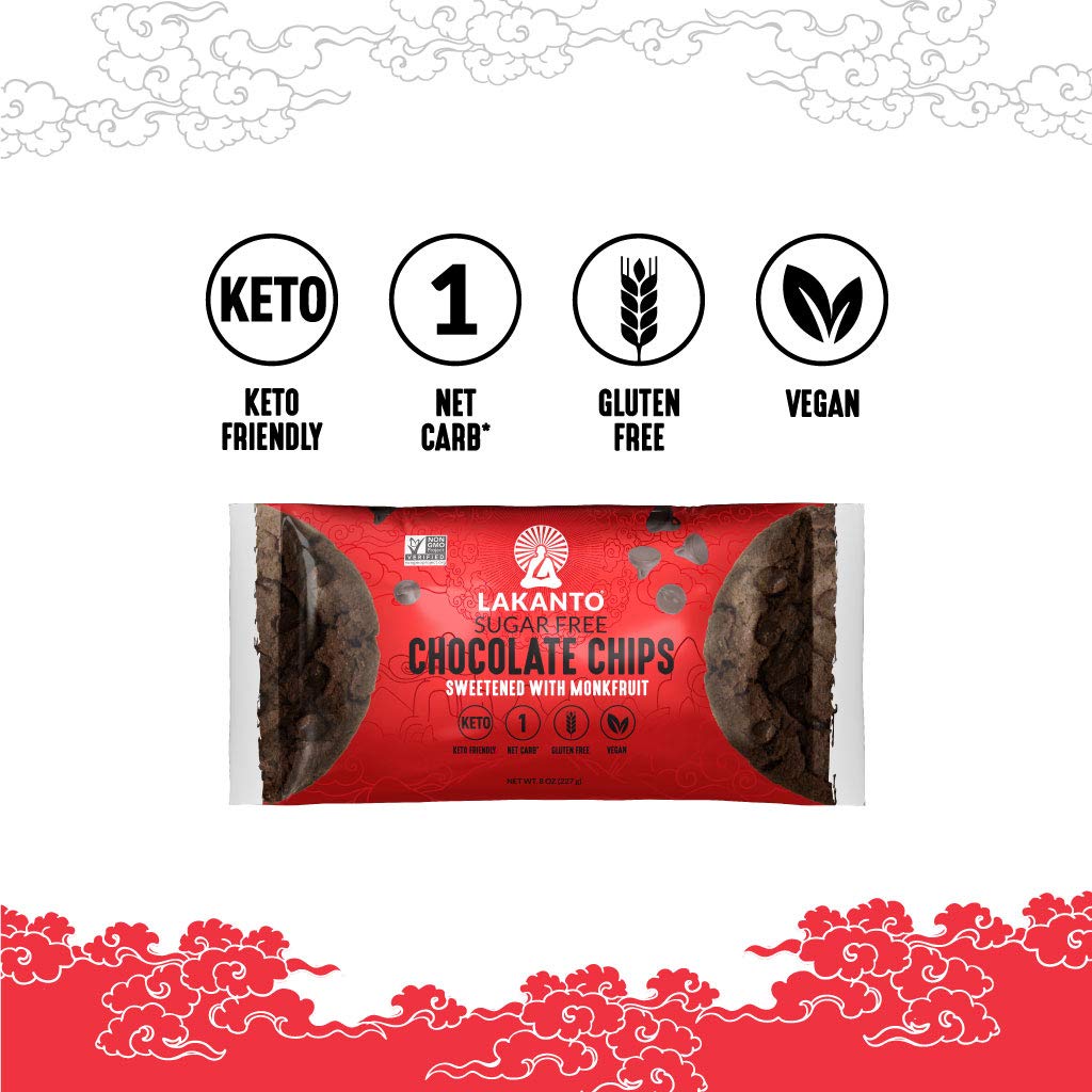 Lakanto Sugar Free Chocolate Chips - Monk Fruit Sweetener and Erythritol, Perfect for Baking, Pancakes, Muffins, Protein Bites,
