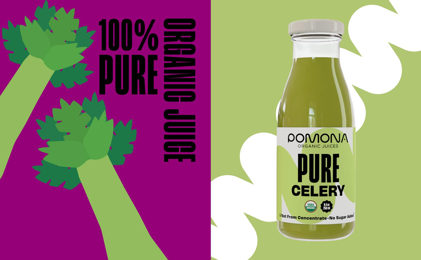 Pomona Organic Juices Pure Celery Juice  8.4 Ounce Bottle (Pack of 12)  Cold Pressed Organic Juice  Non-GMO  No Sugar Added  Not from Concentrate  Gluten Free  Kosher Certified  Preservative Free