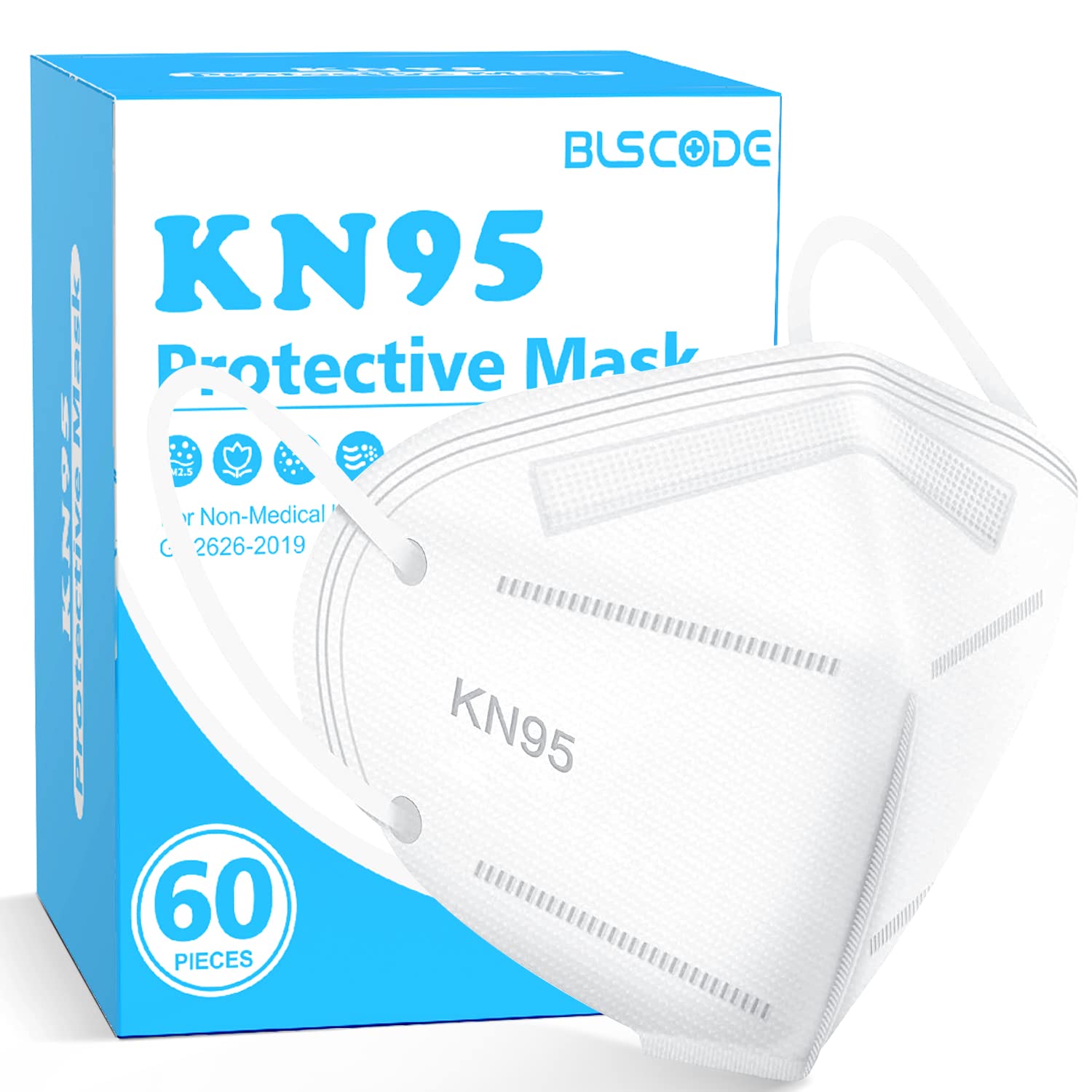 Blscode Kn95 Face Mask 60 Pack White,Individually Wrapped 5-Layer Breathable Mask With Comfortable Elastic Ear Loops,Filter Effi