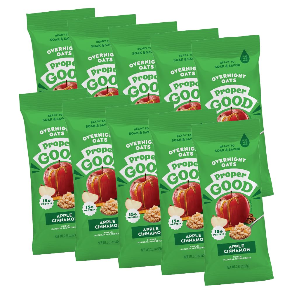 Proper Good Apple Cinnamon Overnight Oats - Nutritious & Delicious Breakfast with 15g Protein - Quick & Easy Meal with Natural I