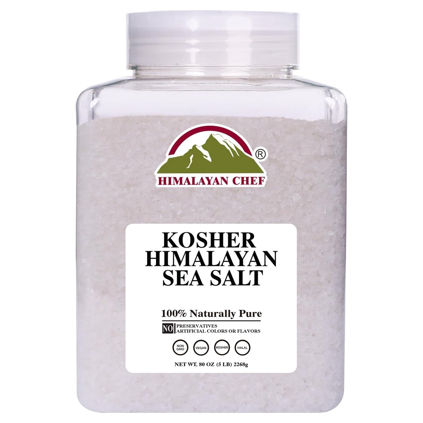 Himalayan Chef Kosher Sea Salt – Unrefined, Less Sodium, 5 lb Plastic Jar, Non-GMO Certified, Natural and Organic