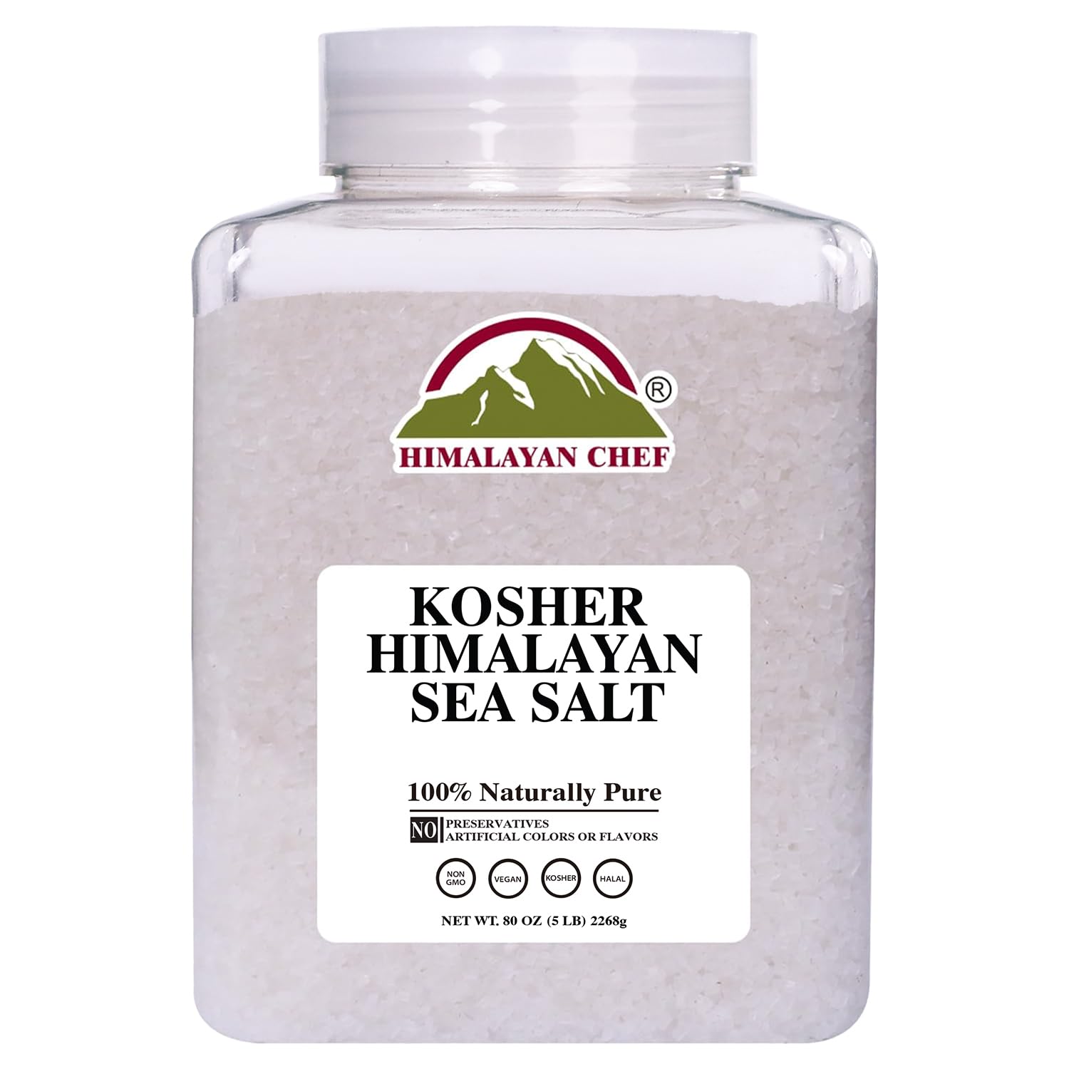 Himalayan Chef Kosher Sea Salt – Unrefined, Less Sodium, 5 lb Plastic Jar, Non-GMO Certified, Natural and Organic