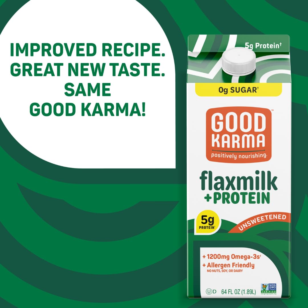 Good Karma Unsweetened Flaxmilk +Protein, 64 Ounce, 5g Plant Protein + 1200mg Omega-3 Per Serving, Plant-Based Non-Dairy Milk Al