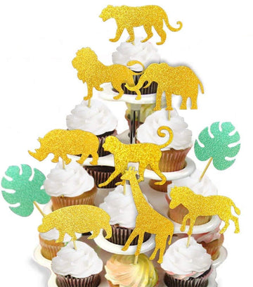 40-Pack Glitter Safari Jungle Animal Cupcake Toppers With Leaves, Safari Jungle Theme Baby Shower Party Cake Food Decoration Supplies