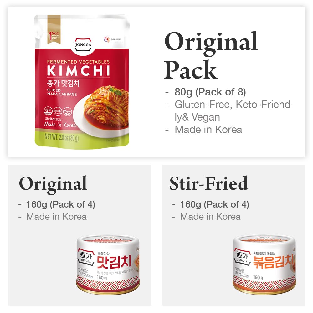 Jongga Spicy Napa Cabbage Kimchi (Pack Of 8), Shelf Stable Mat Kimchi, Spicy Korean Authentic Fermented Pickled Cabbaged Kimchi,