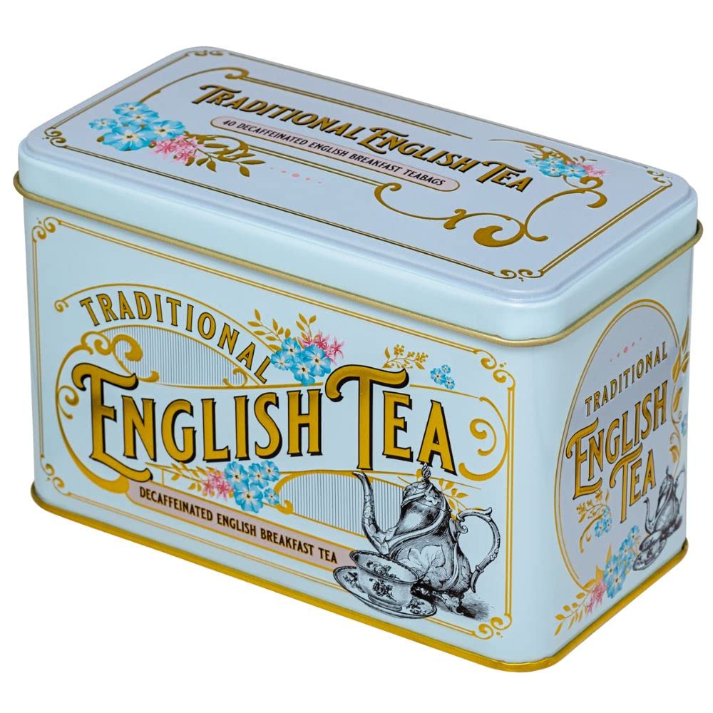 New English Teas Vintage Victorian Tea Tin with 40 Decaffeinated English Breakfast Teabags, Powder Blue, Model 54939477770626