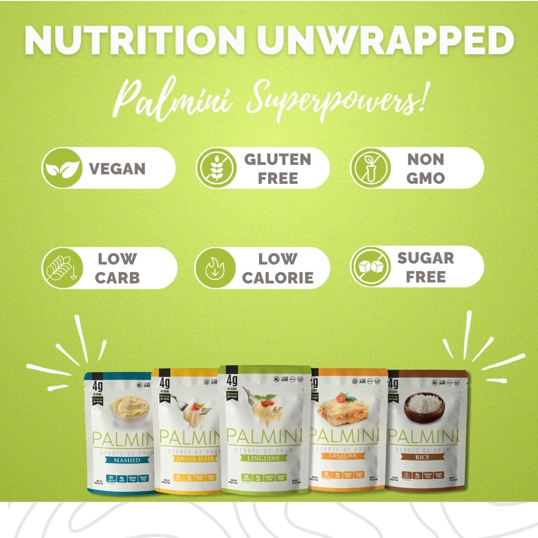 Palmini Pouch Variety Pack - Gluten Free Pasta (Linguine, Angel Hair, Lasagna, Rice, Mashed) - 12 Ounce (Pack of 5)