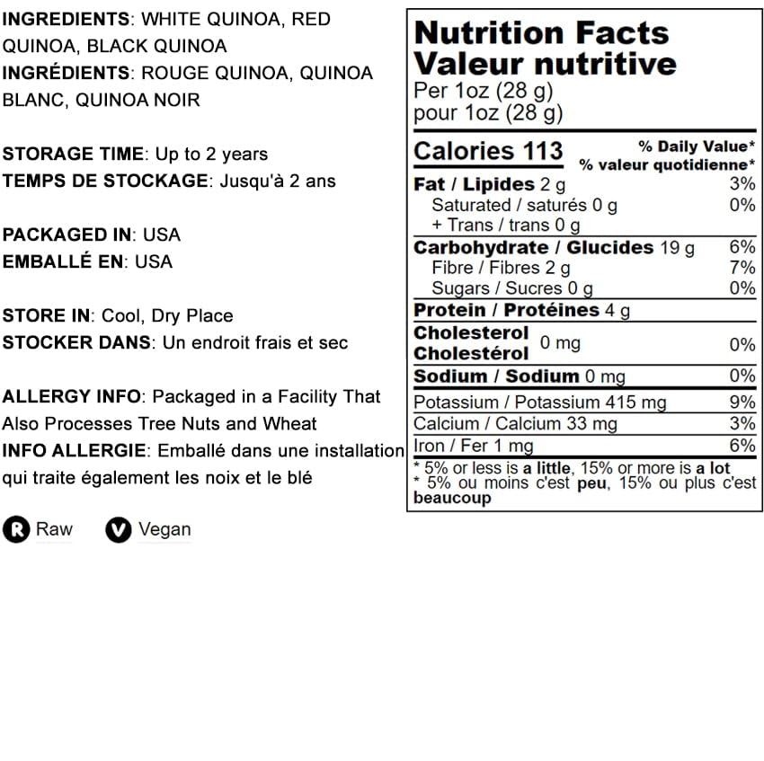 Food to Live Tri-Color Quinoa Grain, Blend of White, Black, and Red Seeds, 24 Pounds, Pre-Washed, Good Source of Fiber and Protein