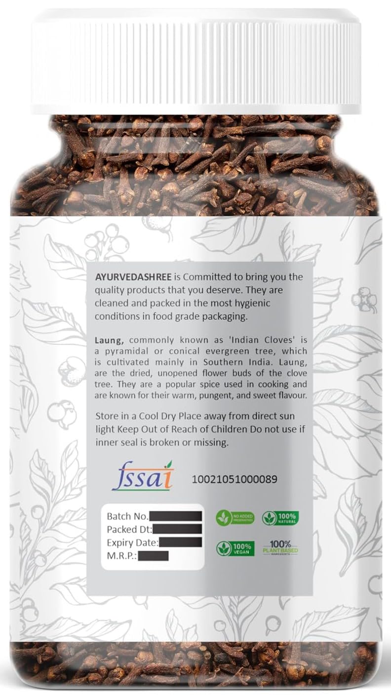 AYURVEDASHREE Whole Cloves (Laung) 100GM - All Natural, Non-GMO, Vegan, Great for Food, Tea, Pomander Balls, and Potpourri