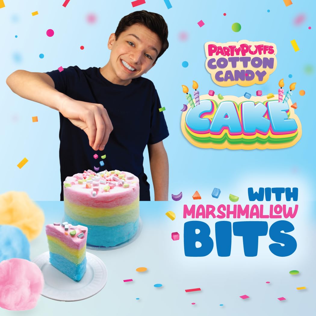 PartyPuffs Cotton Candy Cake - 4 Servings - Sliceable Celebration Cake With Strawberry  Blue Raspberry  Lemon & Green Apple Flavors - Fun Party Dessert With Crunchy Marshmallow Bits - Gluten-Free Treat & Made in USA - 4oz