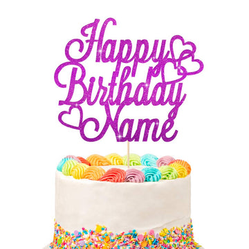 Personalized Happy Birthday Cake Topper | Customized Name Cake Decoration | Double Sided Glitter Card | Purple
