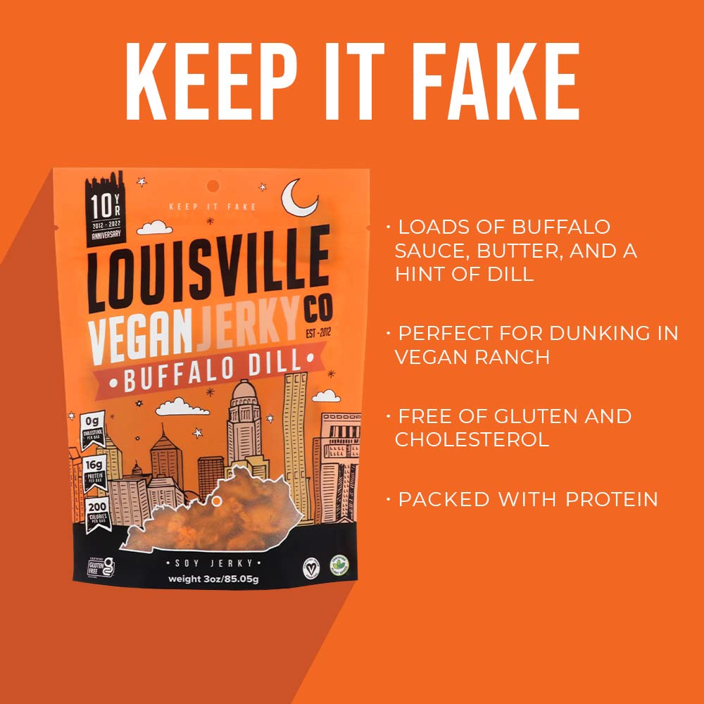 Louisville Vegan Jerky Buffalo Hot Wing - Gluten-Free High Protein Snack - 1-Pack - 280 Calories - Non-GMO Soy Protein - Silver