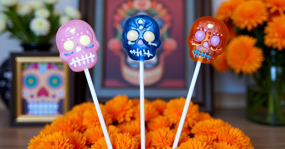 Halloween Sugar Skull Lollipops Candy, 24 Pack, Dia De Los Muertos, Strawberry, Orange, and Blue Raspberry Suckers