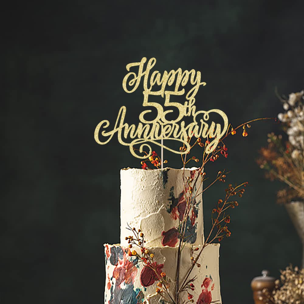 Arokippry Golden Glitter Happy 55Th Anniversary Cake Topper - For Wedding Anniversary/Company Anniversary Party / 55Th Birthday