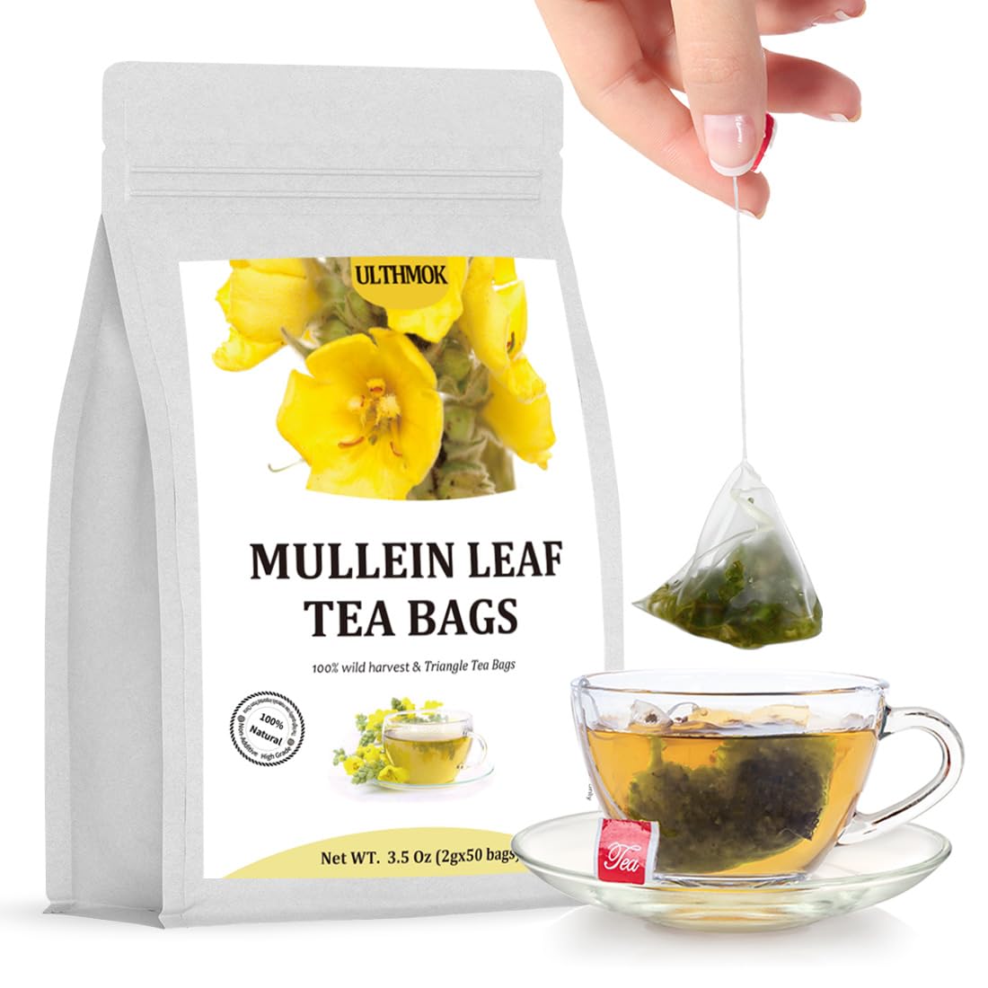 ULTHMOK Mullein Leaf Tea Bags, 100% Pure, Caffeine-Free, 50 Count, No Flavoring or Additives