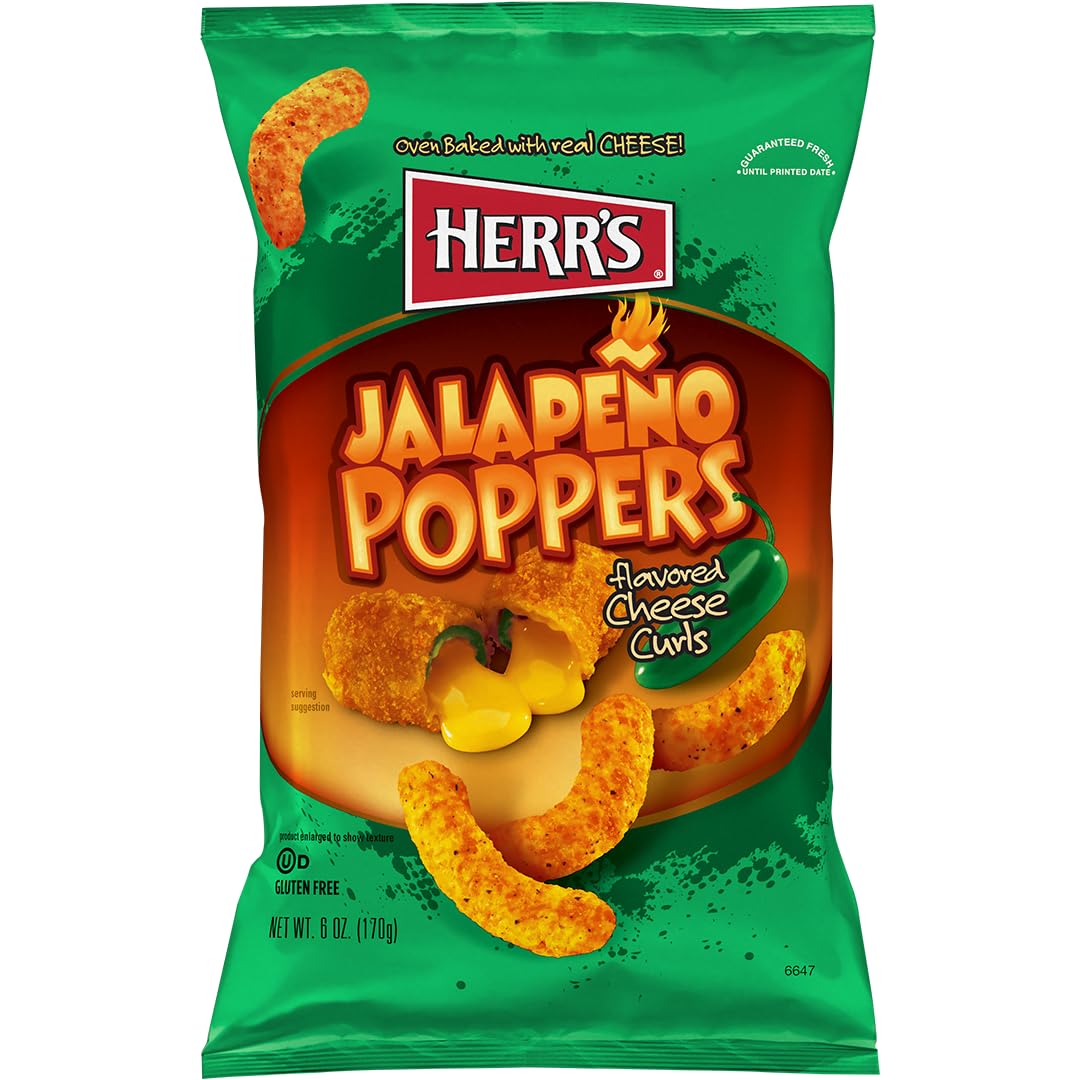 Herrs Jalapeno Poppers Flavored Cheese Curls, Gluten Free Snacks, 6oz Bag (12 Count)