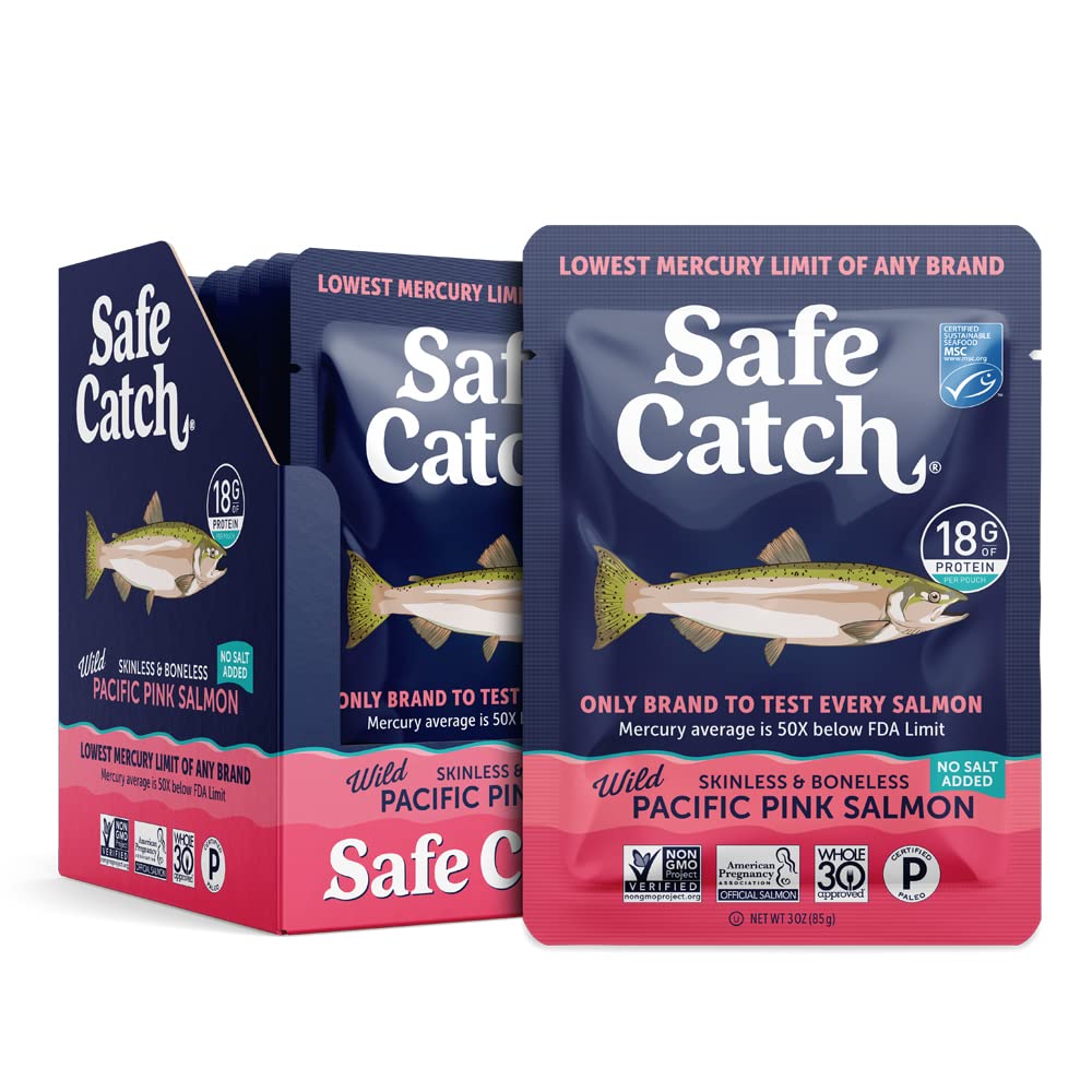 Safe Catch Skinless And Boneless Wild Pacific Pink Salmon Pouch, No Salt Added, Mercury Tested, Kosher, 3Oz Pouches, Pack Of 12