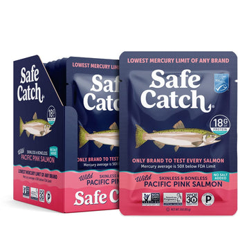 Safe Catch Skinless And Boneless Wild Pacific Pink Salmon Pouch, No Salt Added, Mercury Tested, Kosher, 3Oz Pouches, Pack Of 12