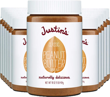 Justin'S Classic Peanut Butter, Only Two Ingredients, No Stir, Gluten-Free, Non-Gmo, Responsibly Sourced, 1 Pound (Pack Of 12)