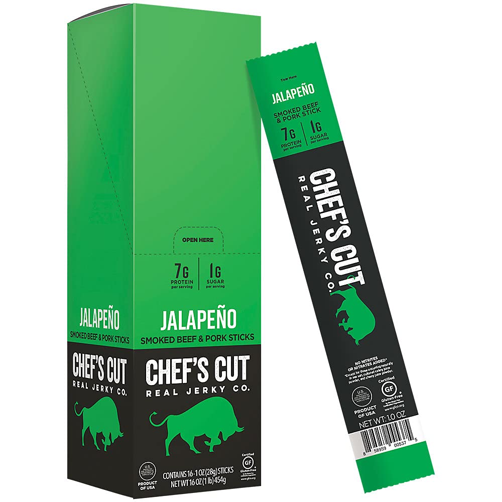 Chefs Cut Real Snack Sticks | High Protein Meat Snack Sticks with 8g Protein  Gluten Free  Keto-Friendly| enhanced Smoked Beef & Pork Blend | Jalapeo Heat | 1 oz Stick (16-Count Bag)