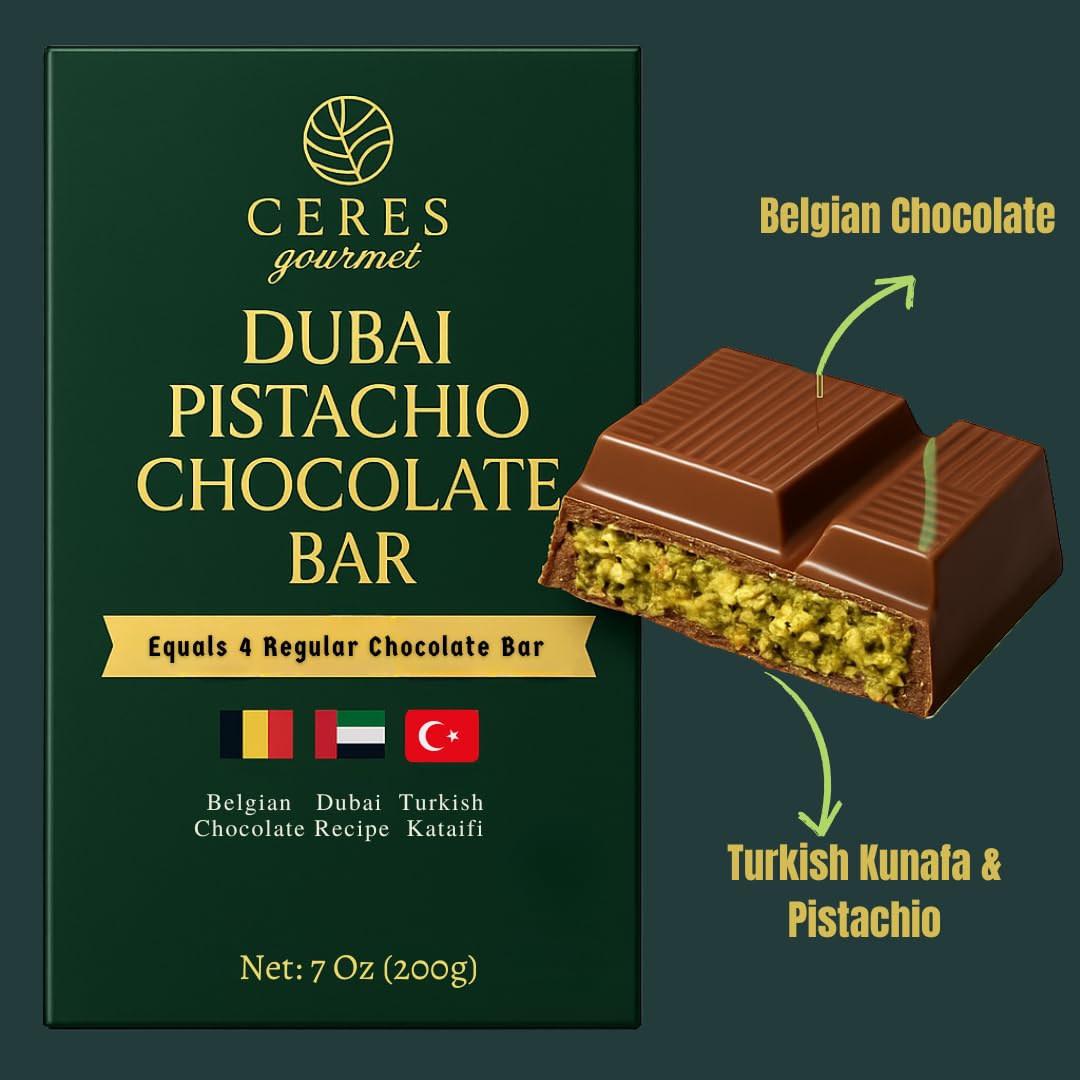 Ceres Gourmet Dubai Kunafa Pistachio Chocolate Bar – 7 oz Crispy Knafeh Layers with Pistachio Paste, Gourmet Dessert Gift