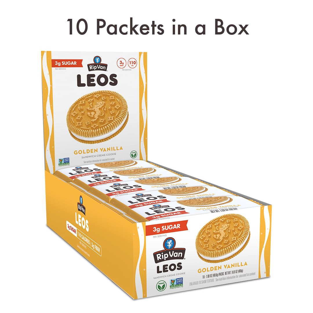 Rip Van Leos - Golden Vanilla Sandwich Cookies - Low Sugar Snack Cookies - Low Carb Snack - Diabetic Snacks - 40 Low Sugar Cookies (10 Packs Of 1.69Oz)
