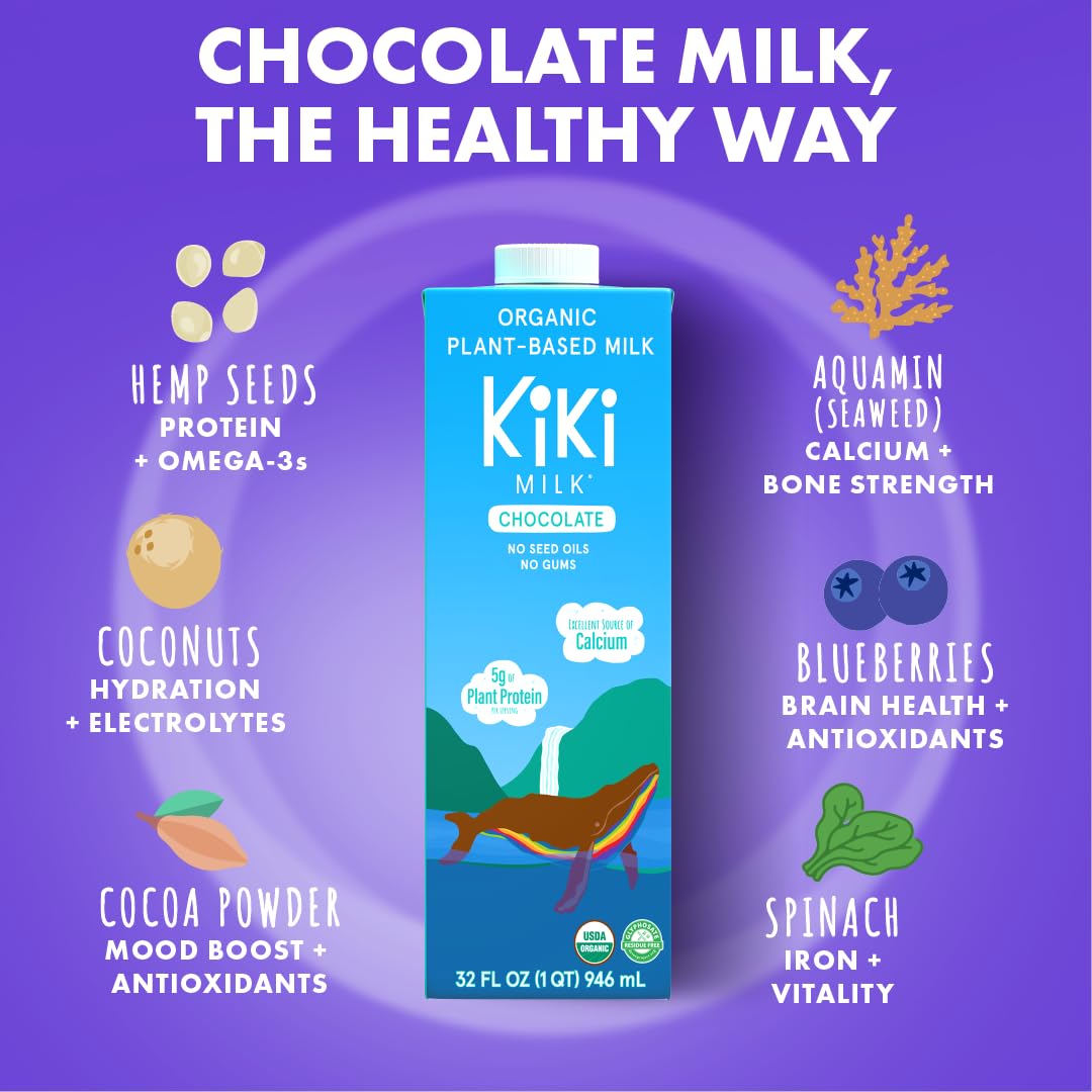 Kiki Milk Plant Based Milk - Organic Chocolate Milk - Calcium & Magnesium Source - Gluten Free, Gum Free, GMO Free, Dairy Free,
