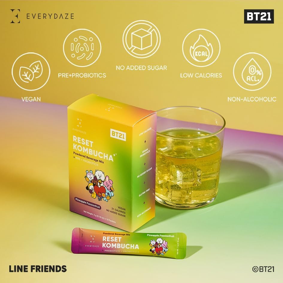 E EVERYDAZE BT21 Kombucha Tea Powder Mix, Vegan, No Added Sugar, 10 Sticks, Pineapple Passion Fruit Flavor, Gluten Free