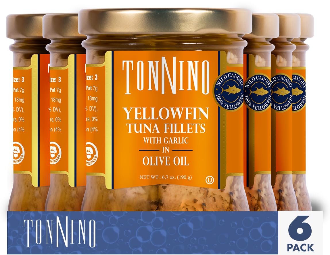 Tonnino Yellowfin Tuna In Olive Oil With Garlic 6.7 Oz - 6-Pack: Omega-3, High Protein, Gluten-Free, Ready-To-Eat Tuna Packets For Tuna Salad, Tuna Fish Alternative To Salmon, Rich Flavor Tuna Fish