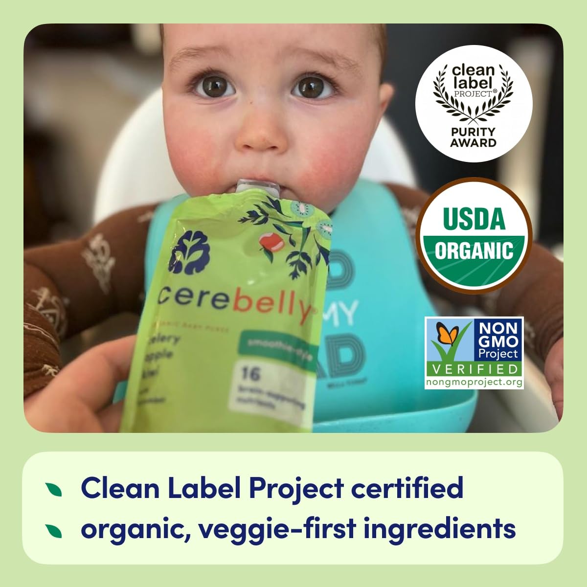 Cerebelly Baby Food Pouches - Celery Apple Kiwi Smoothie (4 Oz, Pack Of 12) Healthy Kids Snacks - Organic Fruit & Veggie Purees,