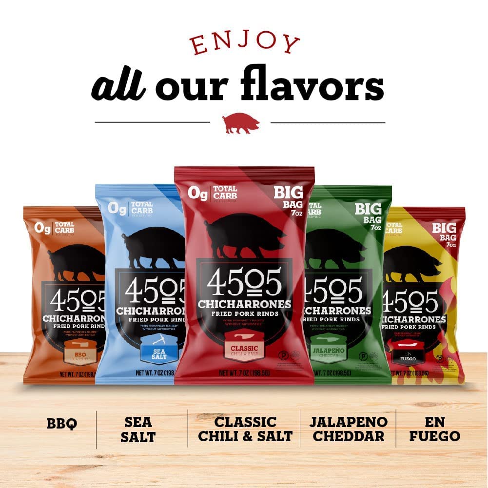 4505 Sea Salt Seasoned Chicharrones, Fried Pork Rinds - Sea Salt Flavored Pork Skins - Low Carb, Gluten-Free, Protein Snack - 3Oz