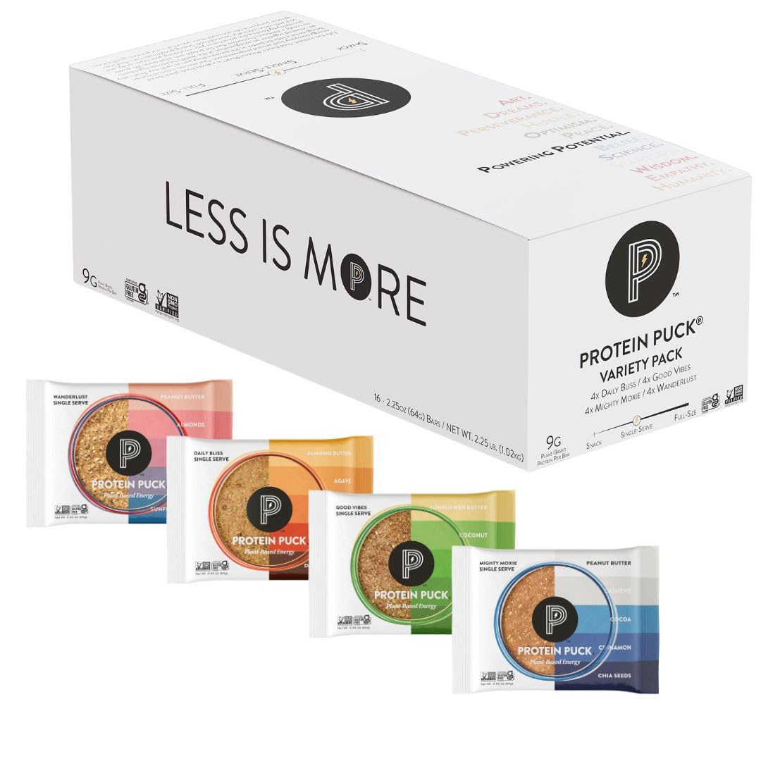 Protein Puck Plant Based Bars, Vegan Protein Snacks, Gluten Free, 16 Count, 2.25 oz, Variety Pack