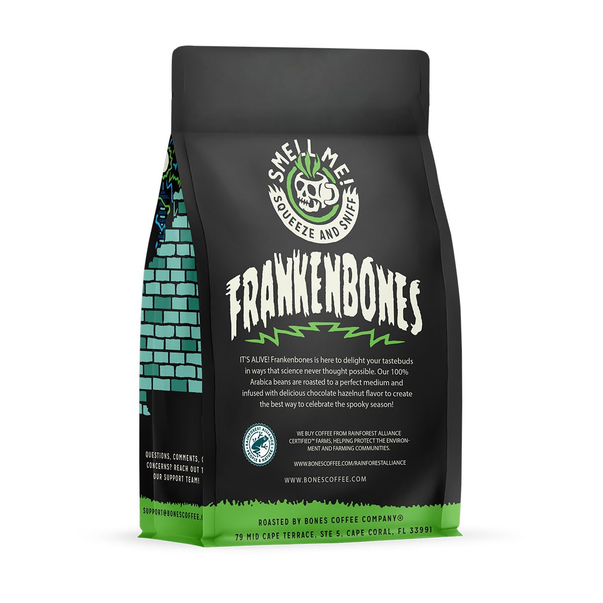 Bones Coffee Company Frankenbones Chocolate and Hazelnut Flavored Coffee, Medium Roast Low Acid Arabica Beans Compatible with Au