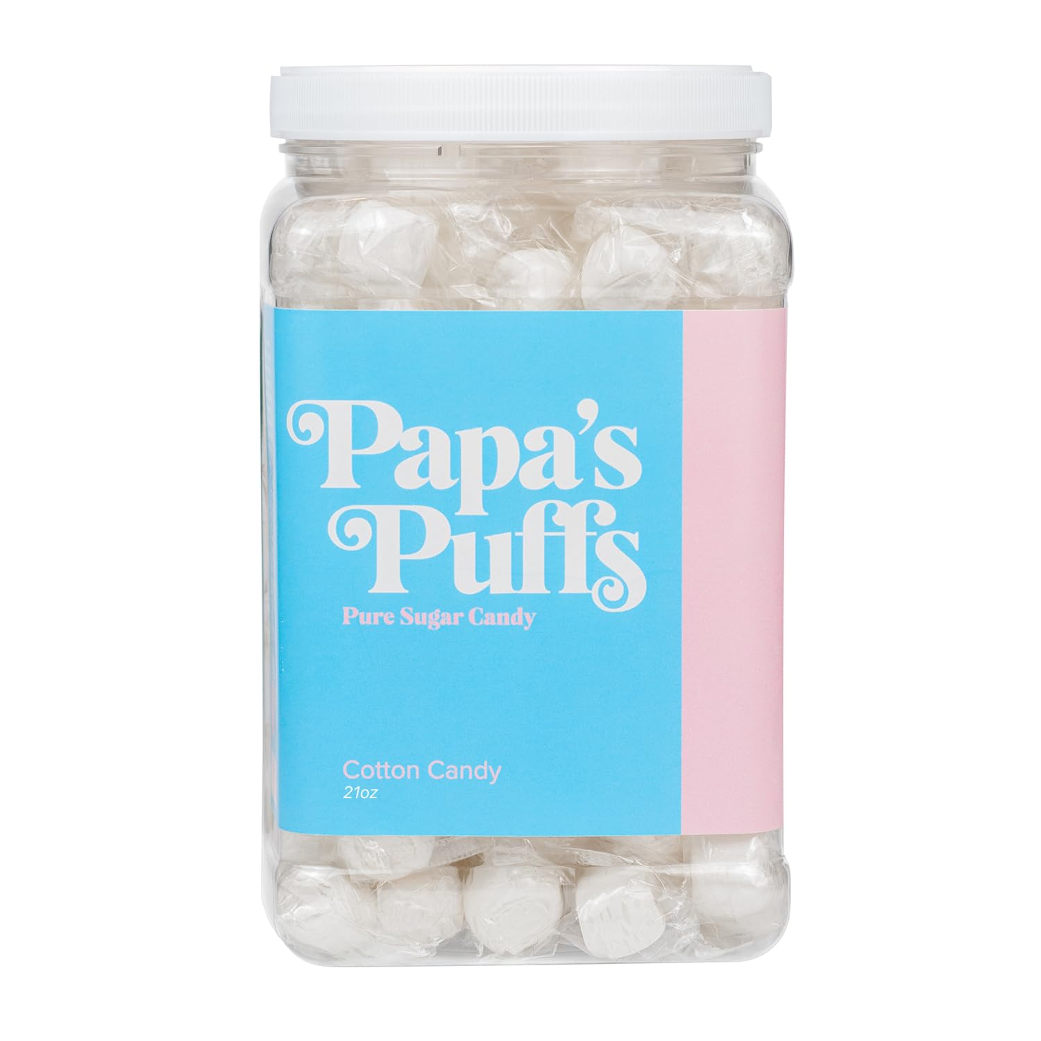 PAPAS PUFFS Cotton Candy Flavored Sugar Candy - Fat-Free, Gluten-Free, 1.68 lb, White, Individually Wrapped in Resealable Tub