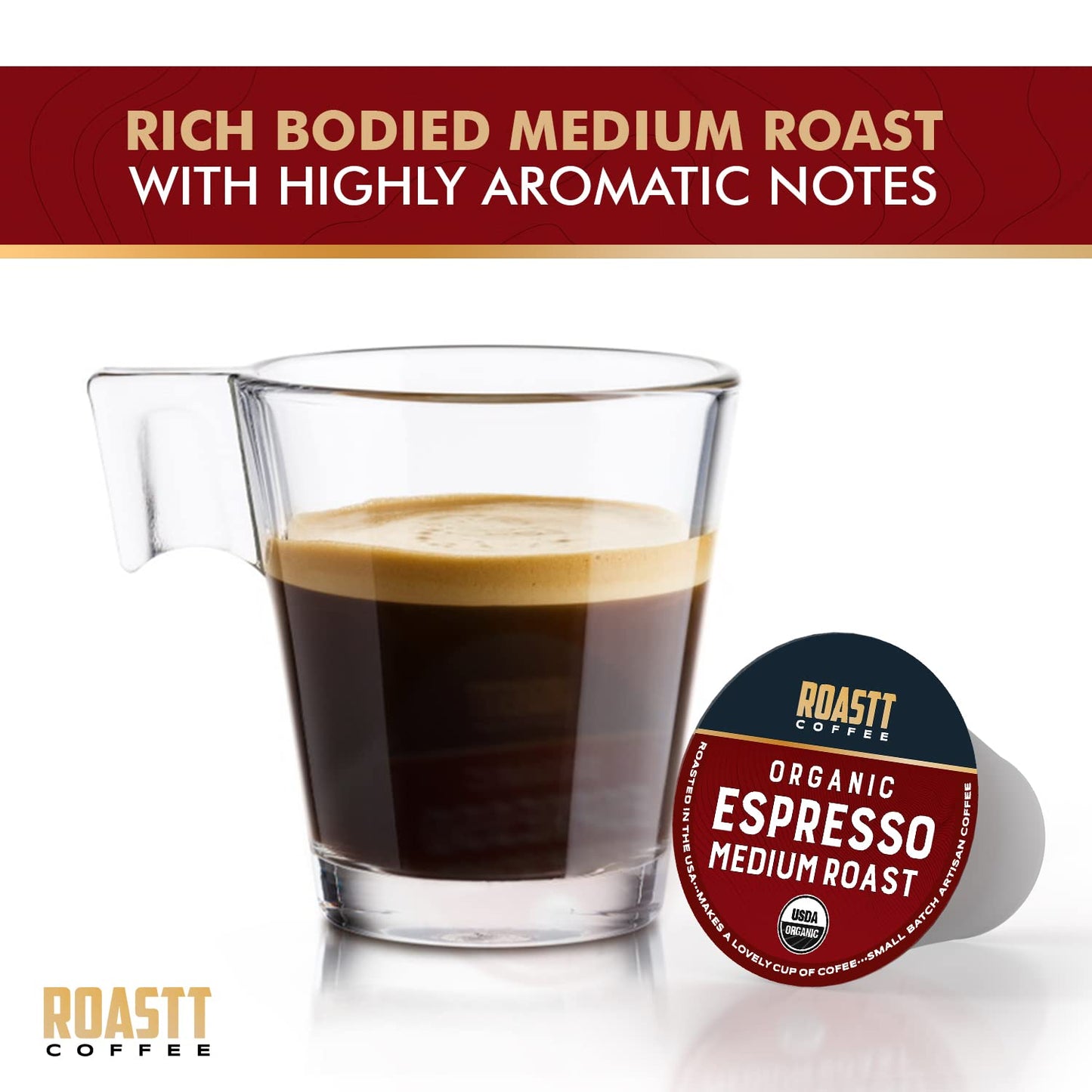 Roastt Coffee Organic Espresso Pods for Keurig, Medium Dark Roast, 12 Count