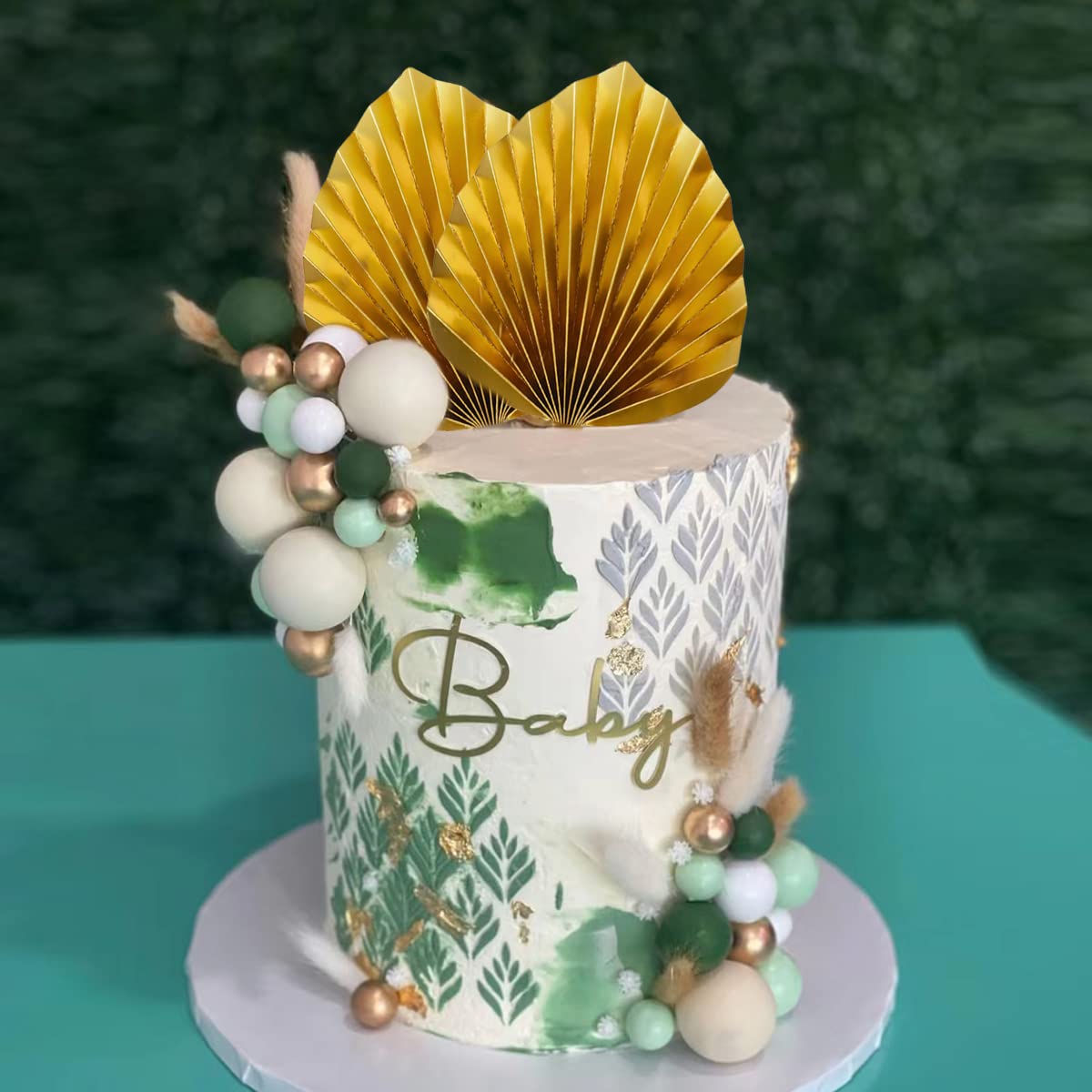 Flower Cake Topper Gold Palm Leaves Balls Cake Decoration For Baby Shower Birthday Party (Babysbreath Flower)