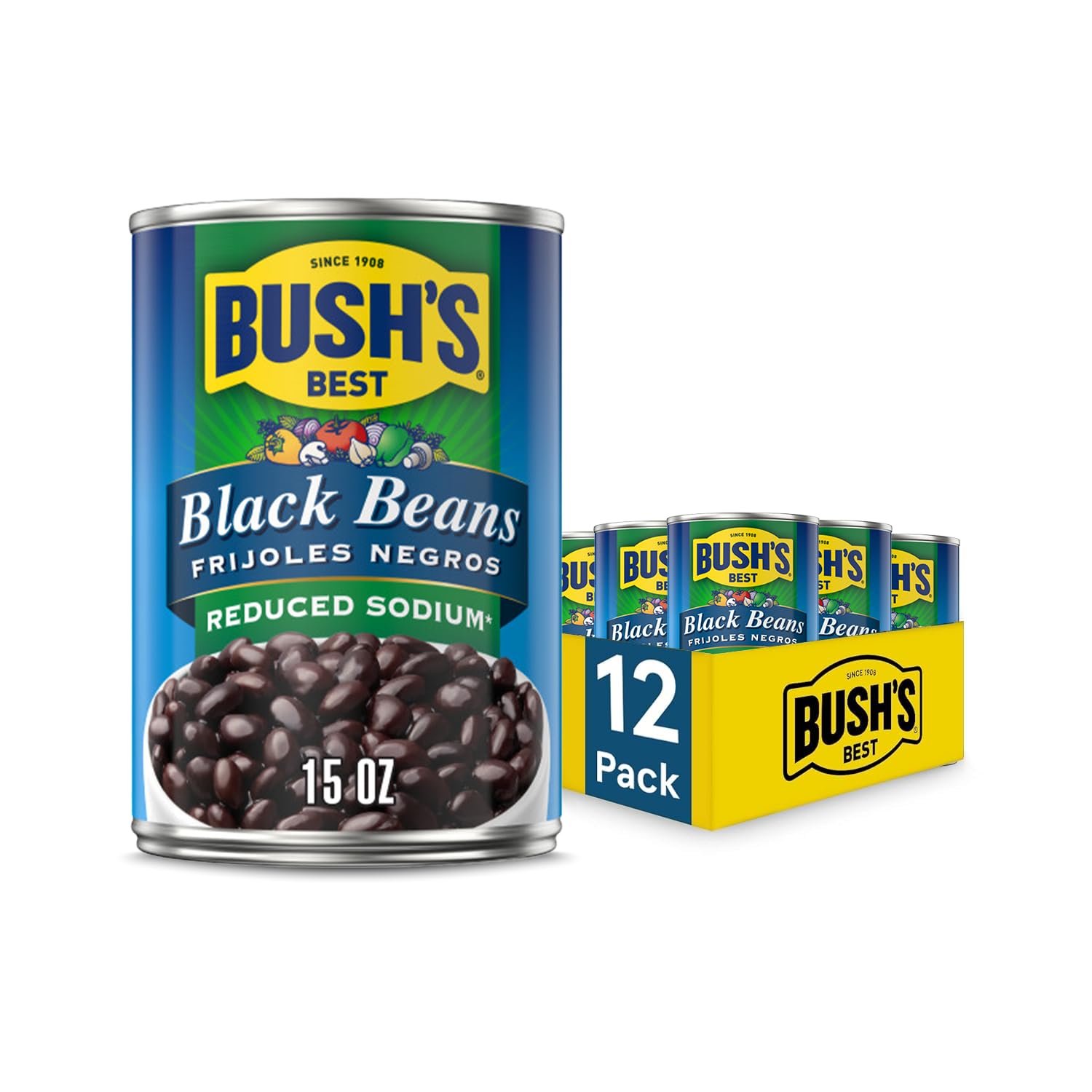 BUSH S BEST 15 oz Canned Reduced Sodium Black Beans, Source of Plant Based Protein and Fiber, Low Fat, Gluten Free, (Pack of 12