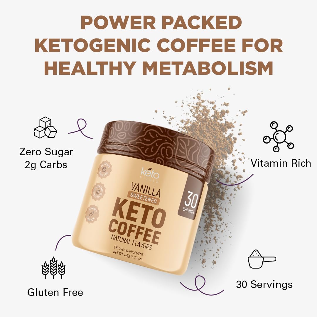 Keto Vitals Instant Keto Coffee Powder - 30 Servings - Low-Calorie Vanilla Sweetened Coffee with Keto-Friendly Creamer