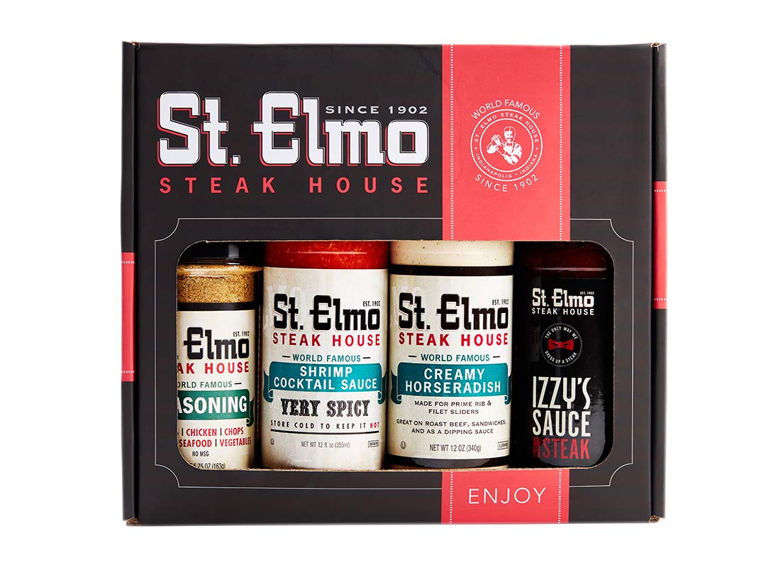St Elmo Steak House Gift Box - 4 Piece Set with Steak Sauce, Horseradish, Cocktail Sauce, Seasoning