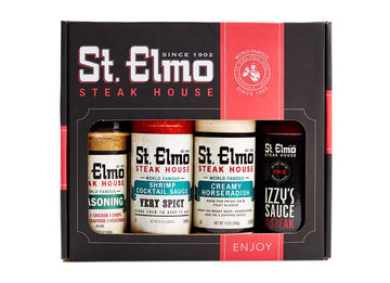 St Elmo Steak House Gift Box - 4 Piece Set with Steak Sauce, Horseradish, Cocktail Sauce, Seasoning