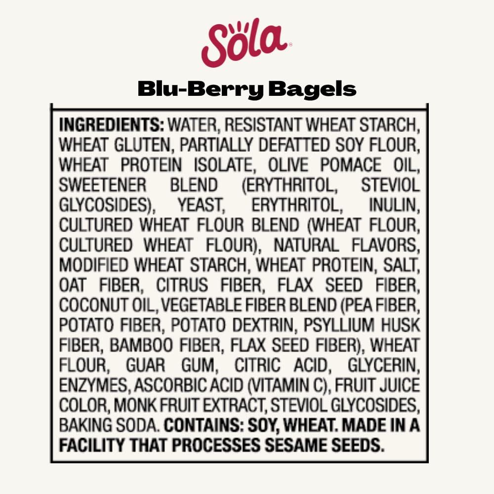 SOLA Low Carb Keto Friendly Bagels, Blu-berry, 6g Net Carbs, 18g Protein, 12 oz (4 Bagels/Pack), Pack of 2