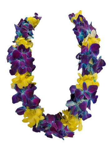 Fresh Hand Made Dendrobium Orchid Lei Purple (Blue with Yellow)